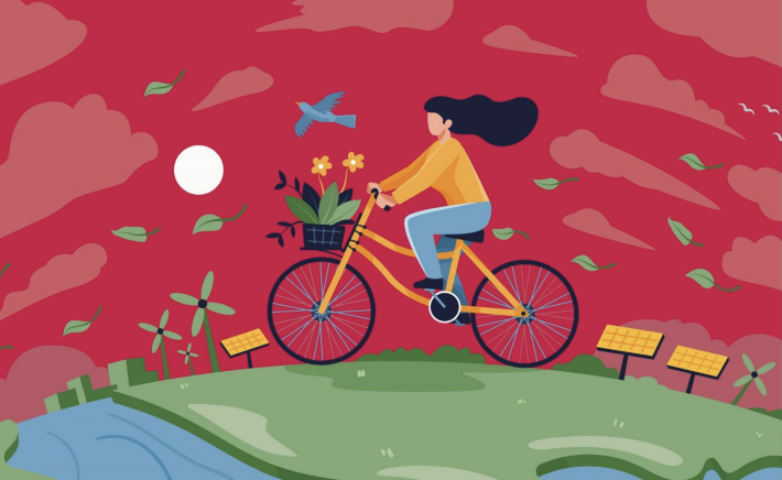 Illustration of woman riding a bike with wind farms and solar panels in the background